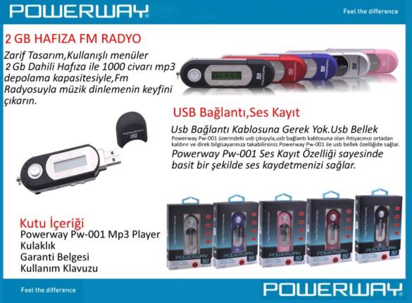 Powerway PW-01 2GB Ekranlı FM Radyolu Ses Kayıtlı Mp3 Çalar - 1