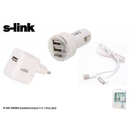 S-Link IP-808 iPad - iPhone 3-4-4s - iPod 2000ma 3 in 1 Ev Araç Şarjı