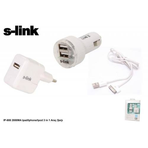 S-Link IP-808 iPad - iPhone 3-4-4s - iPod 2000ma 3 in 1 Ev Araç Şarjı - 0