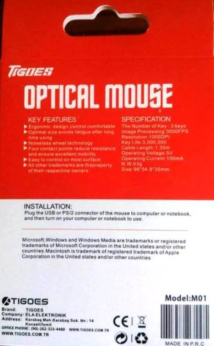 Tigoes M01 Usb Kablolu, Işıklı Mouse Mini Fare 1000dpi - 2